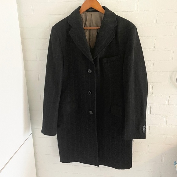 Vintage Men’s Dress Overcoat Wool Polyamid blend Black Charcoal stripes Sz 48R - Picture 3 of 10